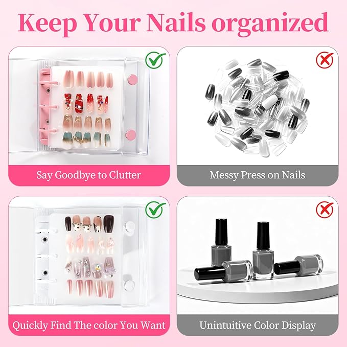 Press On Nail Organizer, 2Pcs Press On Nail Binder Book with 12 Insert Pages-A8 Sized & Double Sized Tape, Fake Nails Swatch Display Collecting Storage Book(Pink+White)