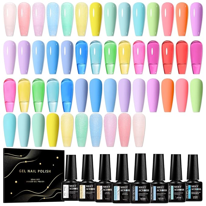 MEET ACROSS 30Pcs Jelly Gel Nail Polish Set Bright Gel Polish Nude Pink Blue Green Lavender Nail Polish Manicure Kit Gift for Her Women 26 Colors