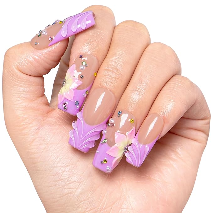 LOVFUL Short French Tip Press on Nails Floral Dream | Handmade Acrylic Press ons | Reusable Fake False Nails | Square Classic Regular 1.3in | H634-S