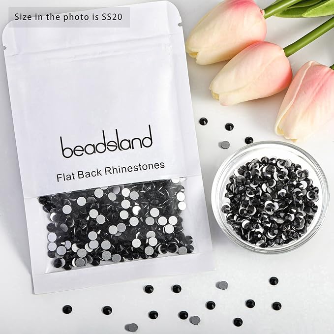 Beadsland Flat Back Crystal Rhinestones Round Gems for Nail Art and Craft Glue Fix, Black, 10mm, SS50/144pcs
