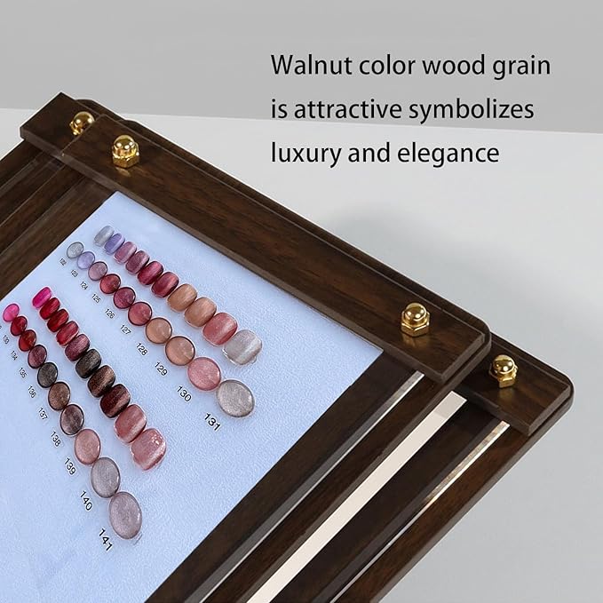 Acycoin2A Walnut Wood Nail Color Display Board Photo Frame Nail Polish Glue Template Color Card with False Nail Tips and Number Sticker