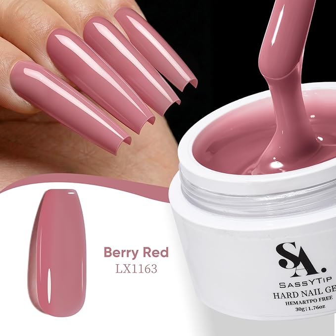 HEMA TPO Free Builder Hard Gel, 30g Salon Strength, 7 Shade Colors - Safe Allergy-Friendly Nail Gel for DIY at Home & Professional Nail Extensions, Sculpting, Apex Building (Berry Red)