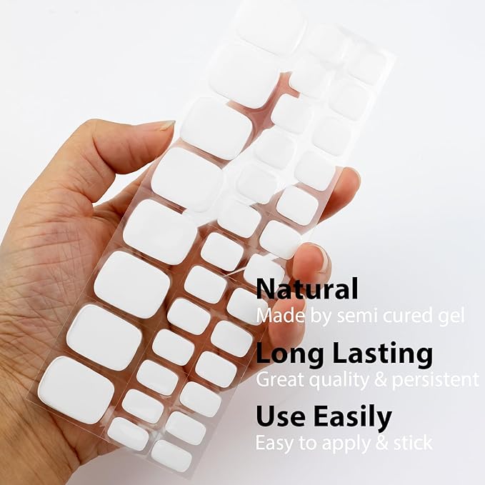 34 Pcs Semi Cured Gel Toe Nail Strips White Solid Gel Nail Stickers Full Cover Nails Wraps Self Adhesive Toe Nails Polish Strips Stickers for Women UV/LED Light Required