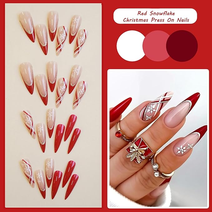 24pcs Red Long Almond French Tips Press On Nails with Snowflakes and sparkling lines for Themed Costumes, Reusable Nail Kit with Nail Adhesive Tabs Mini Nail File, 12 Sizes (Red)