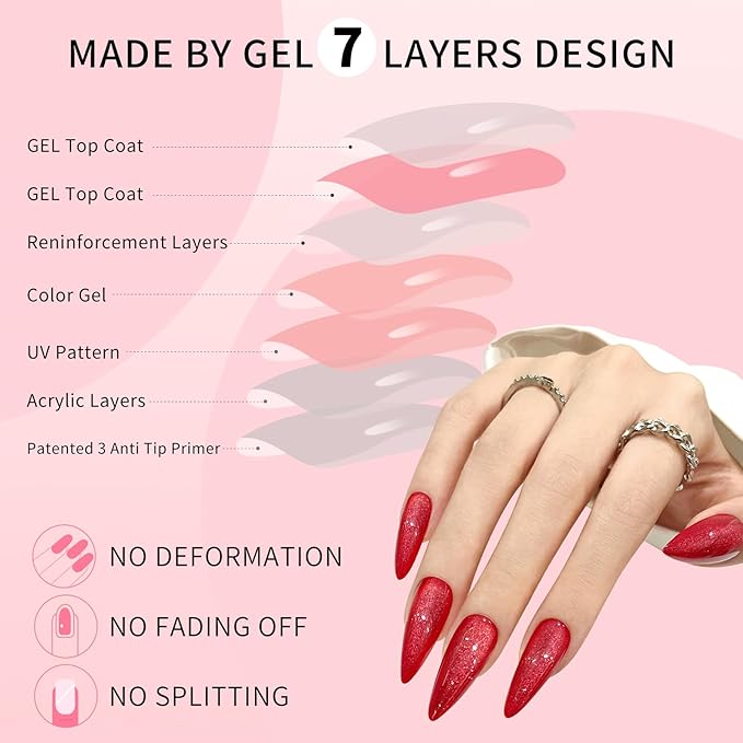 Dark Red Almond Cat Eyes Press On Nails,12 Sizes - 24 Pcs Soft Gel Red Medium Fake Nails Kit with Nail Glue, Natural Reusable Stick On False Nails for Women and Girls SK1009