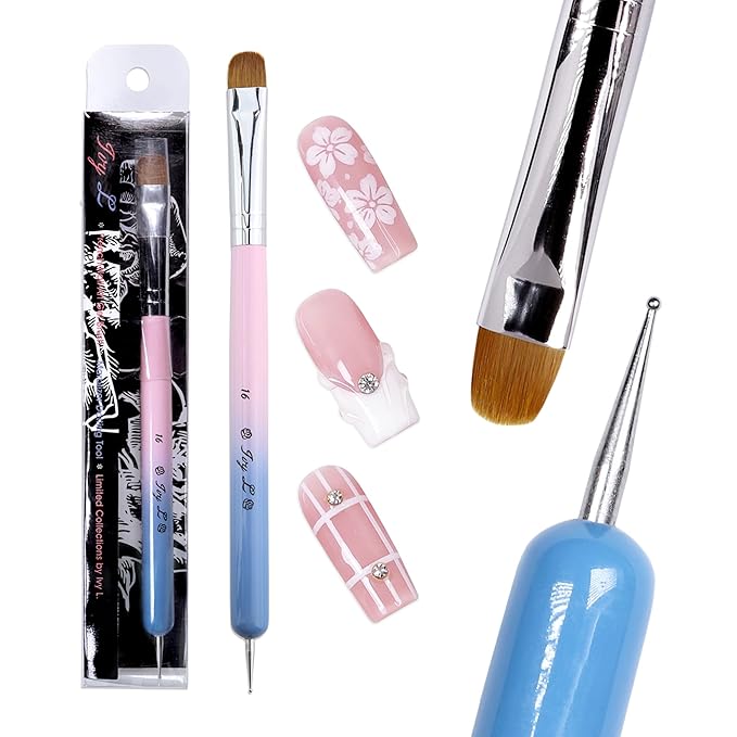 Ivy-L Premium 2 Way French Gel Acrylic Nail Art Kolinsky Brush With Dotting Tool for Professional Manicure Cuticle Clean Up Nail Art Design, Pink Blue Wood Handle (Size 16)