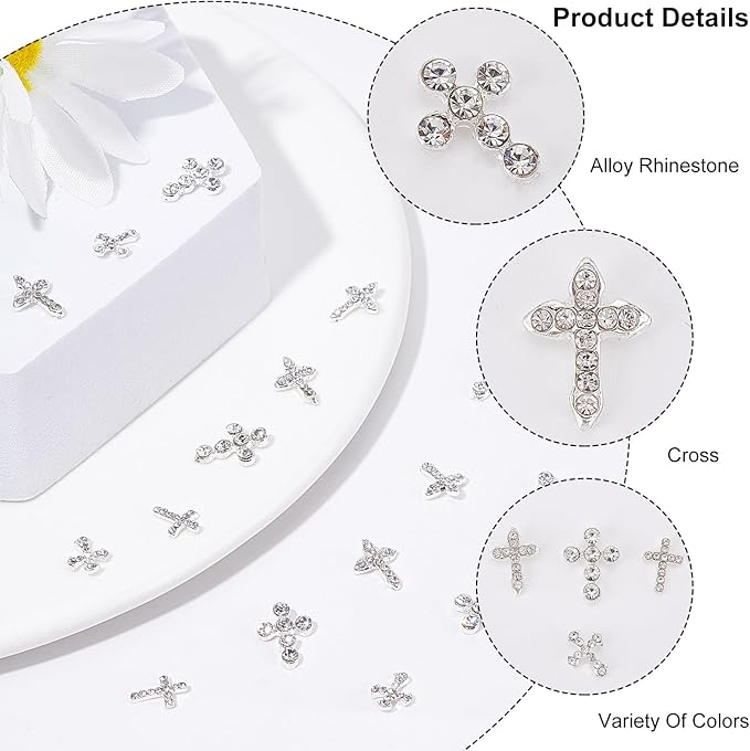 CRASPIRE 40pcs Cross Nail Charms 4 Style Silver Rhinestone Cross Nail Studs Charms 3D Luxury Flat-Back Diamond Crystal Rhinestones Gems Metal Alloy for DIY Nail Art Jewelry Decoration