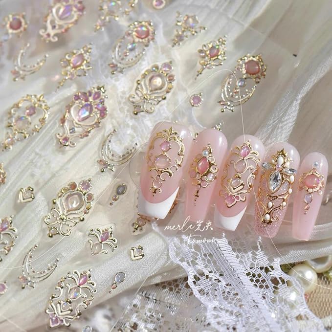 Gold Nail Stickers Pink Nail Art Stickers 3D Self-Adhesive Golden Truncheon Nail Designs Pink Blue Gemstone Nails Supplies 5D Embossed Shiny Totem Nails Art Decoration for Women DIY 1 Sheet