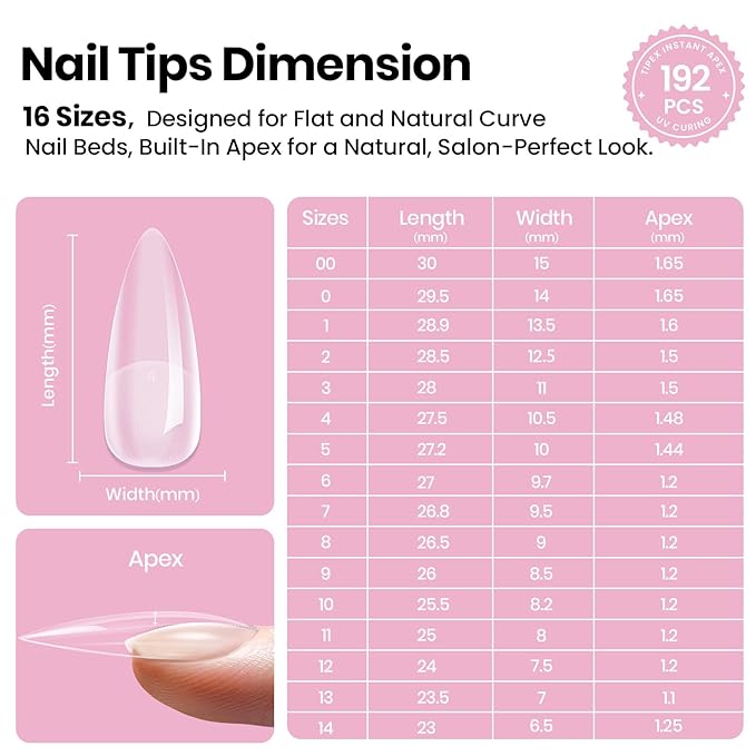 Beetles Tipex Lite Apex Nail Tips Kit, Stiletto Medium,192pcs 16 Sizes, with UV Nail Glue, Base & Top Coat, Mini Nail Lamp, Nail Clipper & Cuticle Nipper, Pre-Building Pre-Etched