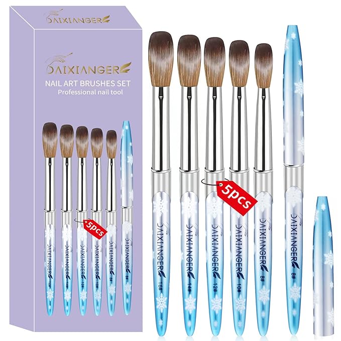 5PCS Snowflake Acrylic Nail Brush Set - Size 8/10/12/14/16 Brushes for Acrylic Powder Application, 3D Carving & Nail Art Extension, Blue Handle Nail Tools for DIY Home Salon Manicure