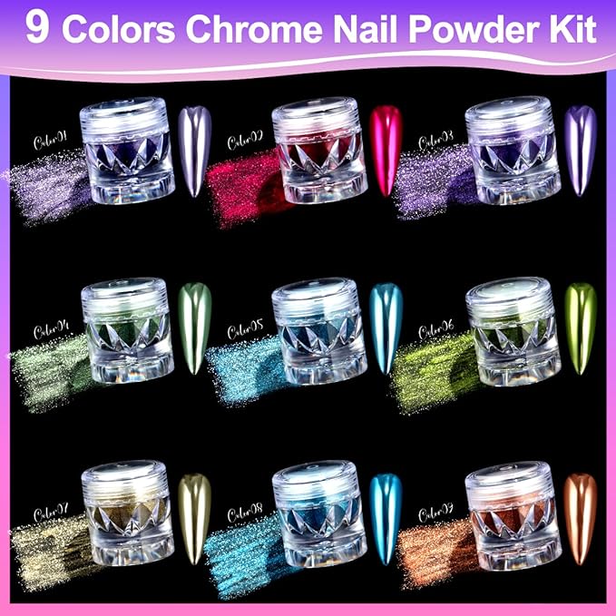 9 Jars Chrome Nail Powder for Gel Nails, Metallic Mirror Effect Pigment Nail Chrome Powder Kit with 10ml 3D Sculpting Gel for Home DIY Salon Use