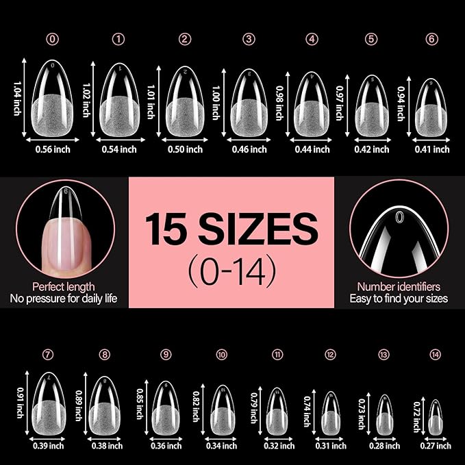 AILLSA Medium Almond Shaped Nail Tips - 15 Sizes 120pcs Acrylic Nails Tip Full Cover Half Matte Nails Tips Press on Nails for DIY Home Salon