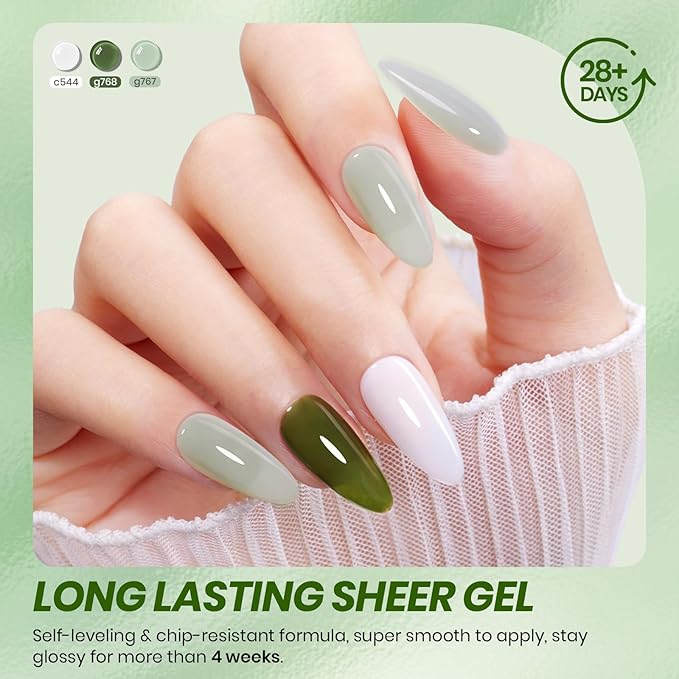 Beetles Forest Veil Jelly Gel Nail Polish Set - 6 Colors St Patricks Day Gel Polish Kit Milky White Olive Sage Green Deep Teal Warm Khaki Sheer Translucent Soak Off UV DIY Manicure Gift for Women