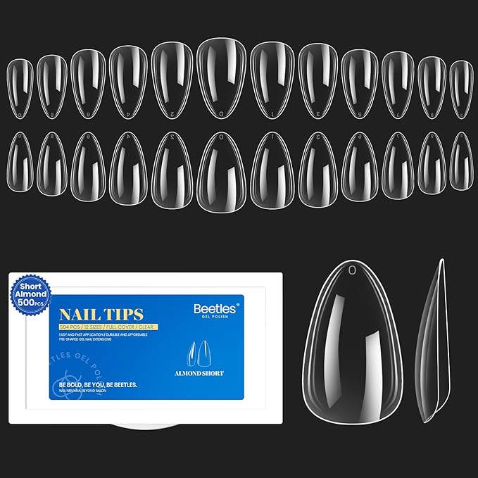 Beetles Gel Nail Tips Soft Nail Extension Set 504Pcs 12 Sizes Pre-Shape Clear Short Almond Nail Tips Press on Soft Gel Tips for Full Cover Soak off False Nails for Nail Art DIY Home Manicure