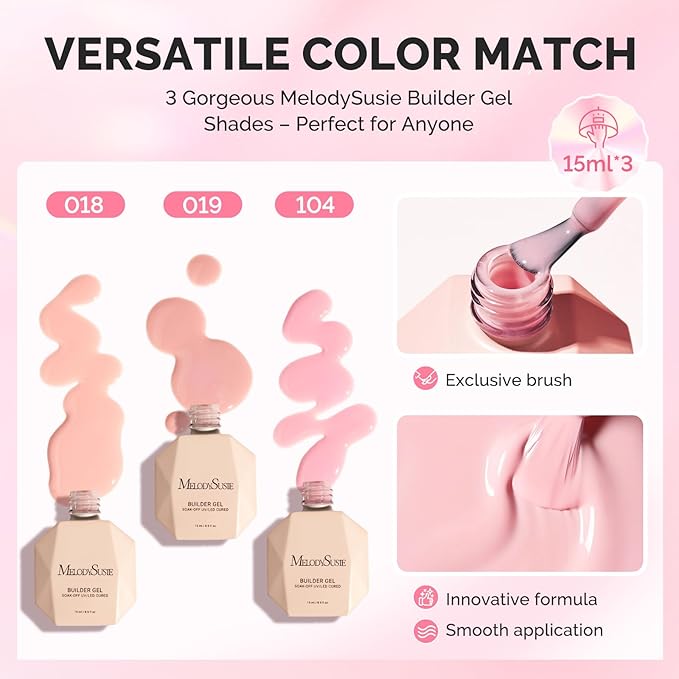 MelodySusie 3PCS 15ML Nude and Nude Pink Base Colors Builder Gel Set for Nails Thickening, Soak Off UV Extension Gel Rhinestone Glue in a Bottle for Nail Art Design Gift for Women DIY Manicure at Home