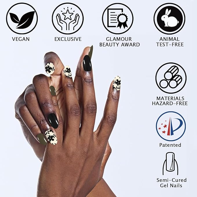 20Pcs Black Semi Cured Gel Nail Strips Summer Gel Nail Stickers UV/LED Light Needed Full Polish Flower Nails Wraps with Design Glossy Self Adhesive Nails Polish Strips for Women
