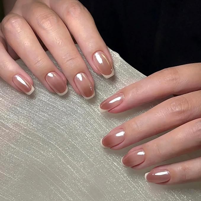 Square Ombre Press On Nails, French Press On Nails Medium Nude Brown Chrome Fake Nails with Classic White French Tip and Glossy Gel Finish, Reusable French Glue On Nails Kit for Women