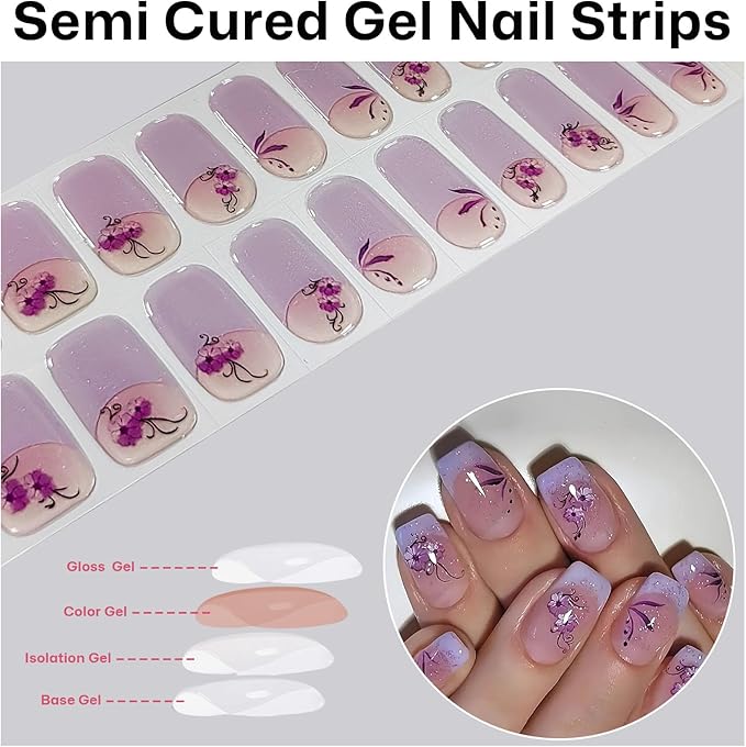 Semi Cured Gel Nail Strips,Purple French Tip Nails Stickers with High Gloss and Glitter Design for Women,60S UV Light Curing Manicure,Long Lasting, Arts at Home