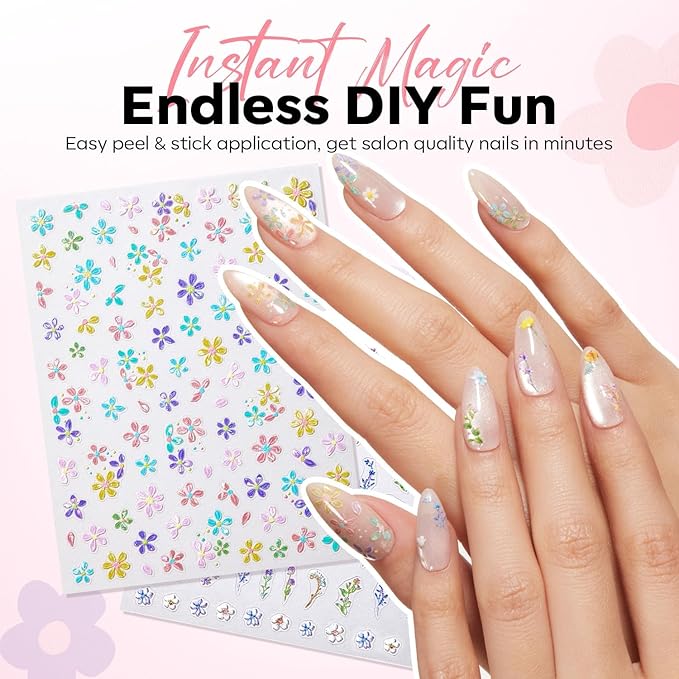 modelones Gel Polish Flower Nail Stickers, 3D Embossed Colorful Floral Daisy Heart Bunny Nails Supplies Flower Nail Art Design for Spring Easter Manicure DIY Nail for Women & Kids 5Pcs