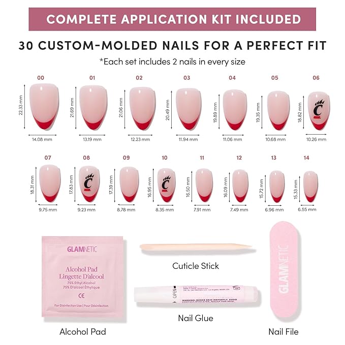 Glamnetic x Fanatics Press On Nails - Cincinnati Bearcats | Short Almond Fake Nails, Collegiate Bearcats Red French Tips, College Nails, Salon-Quality | 15 Sizes - 30 Nail Kit with Glue