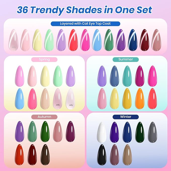 Beetles Deal Box 36 Colors Gel Nail Polish Set, 44 Pcs HEMA-Free TPO-Free Soak Off UV Gel Nail Kit Glitter with Base Coat, Glossy Matte Cat Eye Top Coat and Nail Tools for DIY Manicure Gift for Women