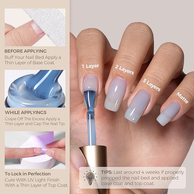 AILLSA Haze Blue Gel Nail Polish Ocean Breath Jelly Gel Polish Neutral Sheer Translucent Nude Gel Polish Long Lasting Gray Blue Soak Off U V Gel for French Manicure Nail Art at Home 0.51 Oz