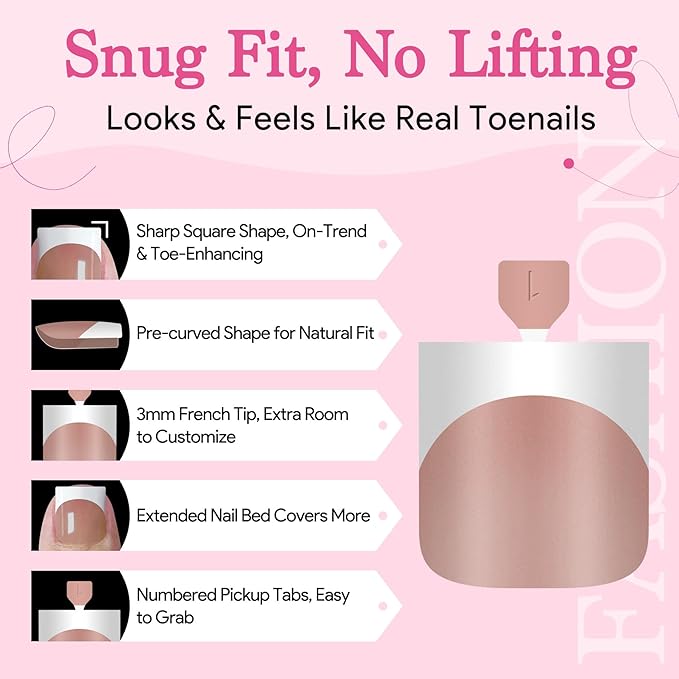 Press On Toenails for Women, Brown Pink 15 Sizes 270 Pcs Toe Nail Tips Pre-applied Primer& Base Coat, Full Cover Real Square French Tip Extension DIY at Home, Builder Nail Gel & Top Coat Required