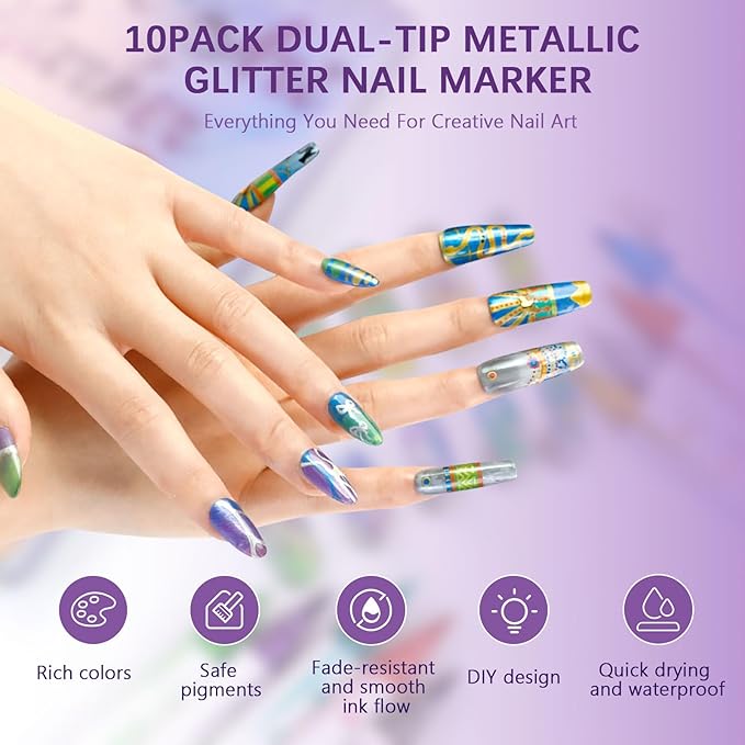 10 Colors Dual-Tip Nail Art Pens, Soft Brush & Fine Liner Design for Shading, Outlining & Detailed Nail Drawing, Quick-Dry Nail Art Pens for DIY Manicure, Gel Nails & Acrylic Nails