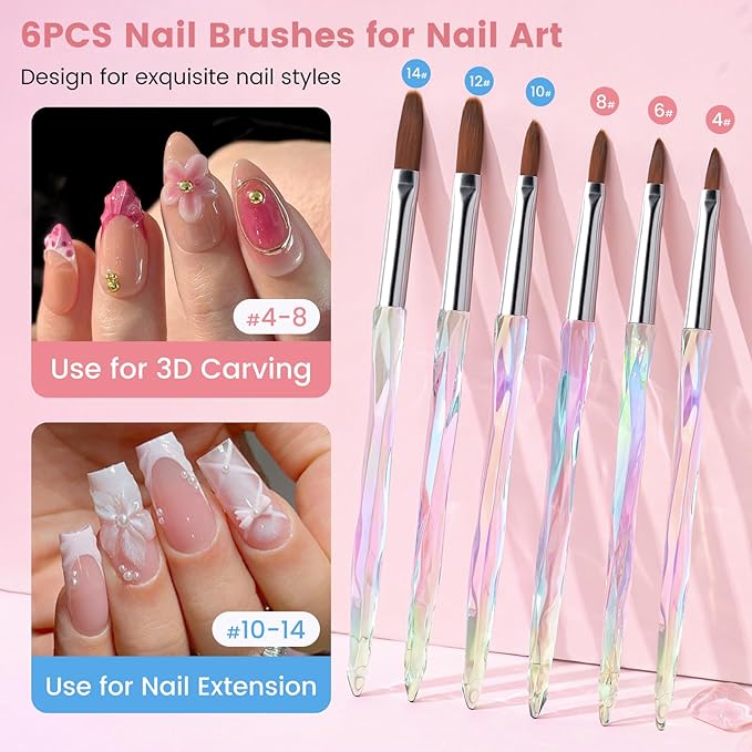 Quaferen 23PCS Acrylic Nail Art Brushes Set Size 6/8/10/12/14/16 Kolinsky Brushes for Acrylic Application Professional for Powder Nail Extension 3D Carving Builder Gel Brush for DIY Salon Home