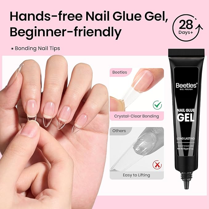 Beetles Gel Nail Kit Flat-X, Almond Medium, 320pcs 16 Sizes Nail tips, with 15g Nail Glue Gel Hands-Free, 7.5ml Base Gel & Top Coat, Mini Lamp, for Acrylic Press On Nail, Extension DIY Set at Home