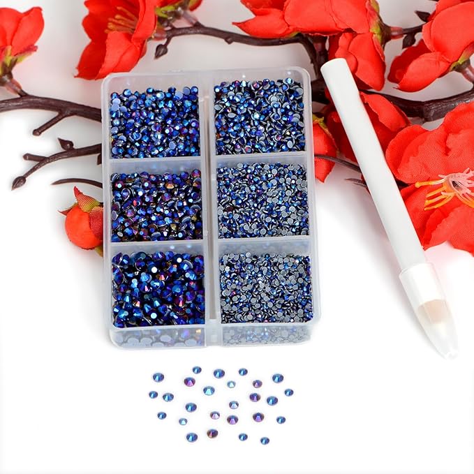 Bymitel Hotfix Crystal Rhinestones Round Gems for Crafts,Mixed 6 Sizes with Wax Pencil Kit, Amethyst AB 1.3-3.2mm(SS3-SS12/8000pcs)