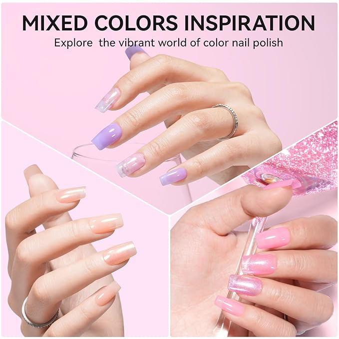 Quick Air Dry Nail Polish, 16 Colors Holographic Nude Peach Pink Blue Green Jelly Glitter Sparkle Regular Nail Polish with Clear Base Top Coat & Remover Pads, Hema-free, Non Gel,