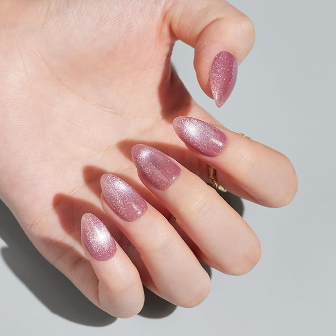Press On Nails Short - Findigit Pink Cat Eye Almond Press On Nails with Glue for Women, Soft Gel Glue On Nails in 16 Sizes - 32 Stick On Fake Nails Kit, Pink Galaxy