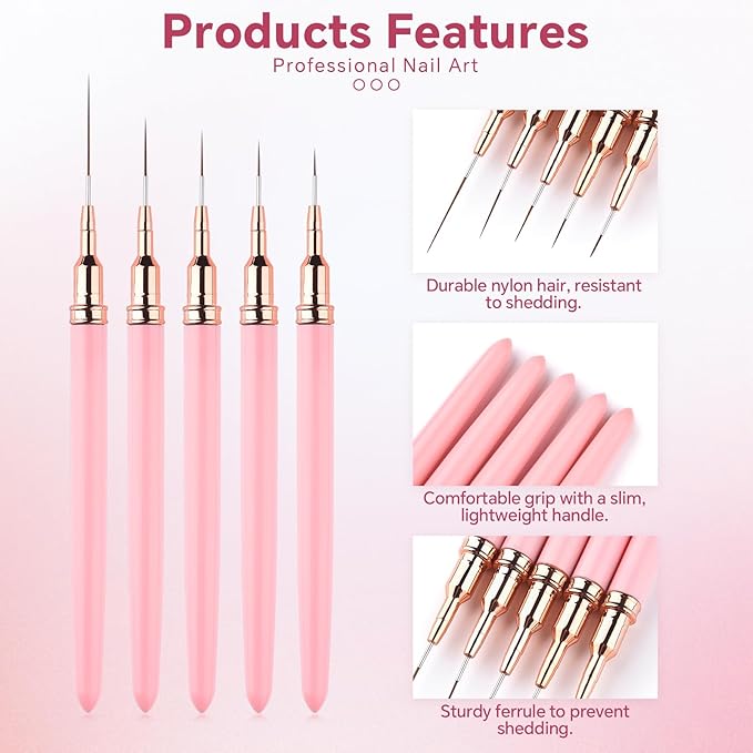 Nail Art Liner Brushes with Nail Brush Holder 5Pcs Striping Brushes Gel Polish Painting Art Design Pen Set for Fine Drawing (Pink)