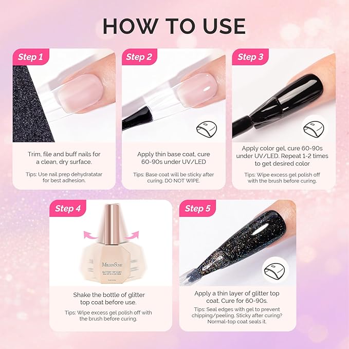 MelodySusie Glitter Gel Top Coat- No Wipe Reflective Iridescent Glitter Top Coat, High Gloss Shine Finish Long Lasting Top Gel Nail Decoration for Home DIY and Nail Salon Gift for Women 0.5fl oz