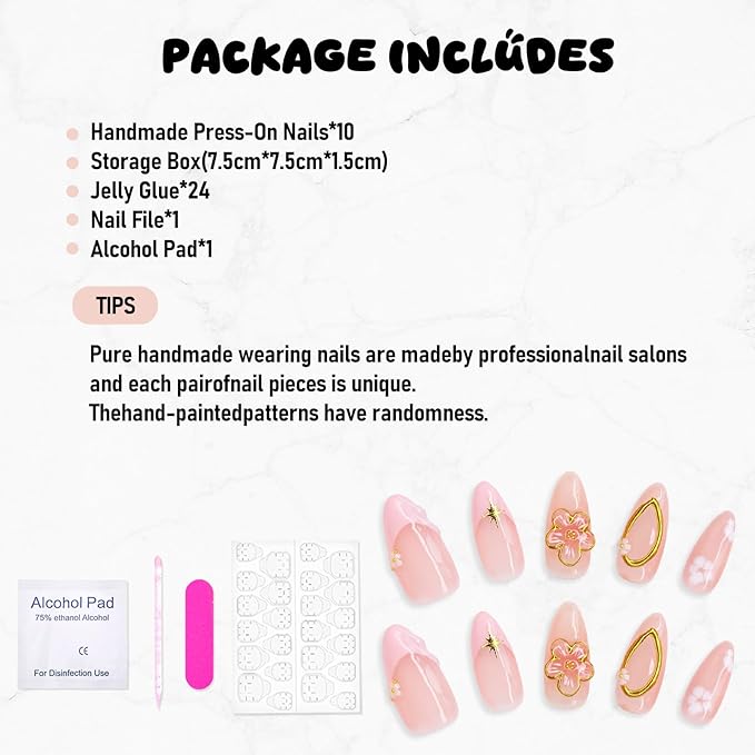 Handmade Press on Nails Medium Almond Fake Nails with 3D Gold Embossed & Flower Design Salon Quality Thickened Acrylic False Nail Full Cover Pink French Tips Stick on Nail for Women（Size S）