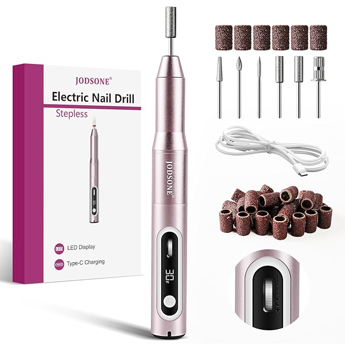 JODSONE Professional Nail Drill 30000 RPM Low Noise with Speed Control Slide Button and 6 Replacement Drill Bits ,Manicure Pedicure Tools for Home Salon Use