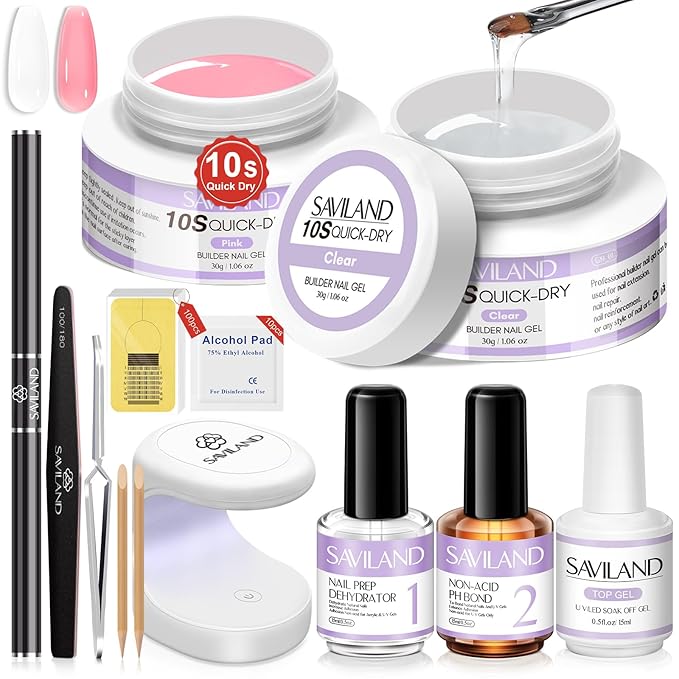 Saviland 15ml Builder Nail Gel In A Bottle Set, 10S Quick-dry Clear Pink Hard Gel Base & Top Gel with Castor Oil & Vitamin E Ingredient Strengthener Extension Repair Nail Art Home Salon