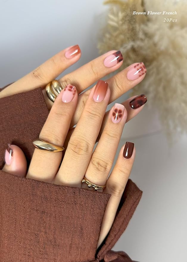 Semi Cured Gel Nail Strips (Brown Flower French), 20 Pcs Fall Gel Nail Wraps, Stickers, UV Light Required, Salon Quality, Long Lasting