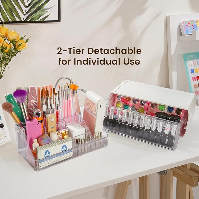 Nail Tech Desk Organizer Case: 2 Layers Nail Tech Organizers with Nail Polish Storage Drawer- 53 Holes Nail Drill Bits & Nail Brushes Pens Holder for Manicure Nail Supplies (Clear)