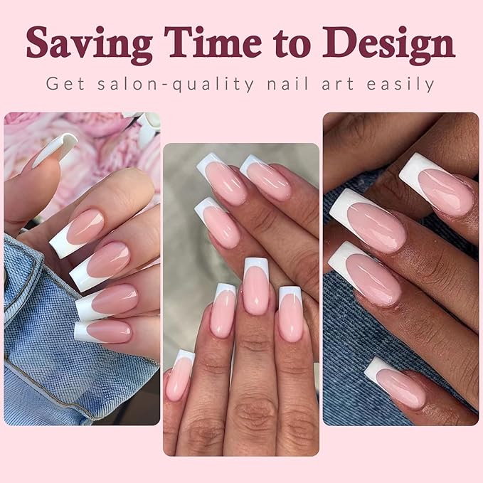 120PC White French Tip Press on Nails Medium Fake Nails Press ons with 5*Adhesive Tabs, Pink Square Acrylic Nail Press on Nail French Tip Nails False Artificial Fingernails Stick on Nails-A