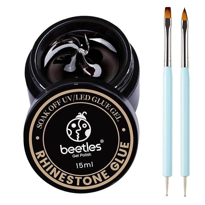 Beetles Rhinestone Glue for Nails with 2 Dual Purpose Brush Pen, 1Pcs 15ml Nail Glue for Nail Art Adhesive Resin Gems Diamonds Jewelry Decoration Soak Off Led Lamp Nails Gifts for Women