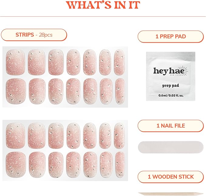 Heyhae Semi Cured Gel Nail Strips | No LED Lamp Needed | Glitter, Pink | Easy Apply & Remove, Salon Quality | Includes 28 Strips, 1 Prep Pads, Nail File & Wooden Stick - Hey, Rosé All Day