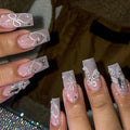 Pink Ombre Press on Nails Square Long White Snowflake Bow Heart Pearls Rhinestones Fake Nails Press ons Winter Cute Handmade Acrylic Full Cover Glossy Glue on Nail for Women 24 Pcs