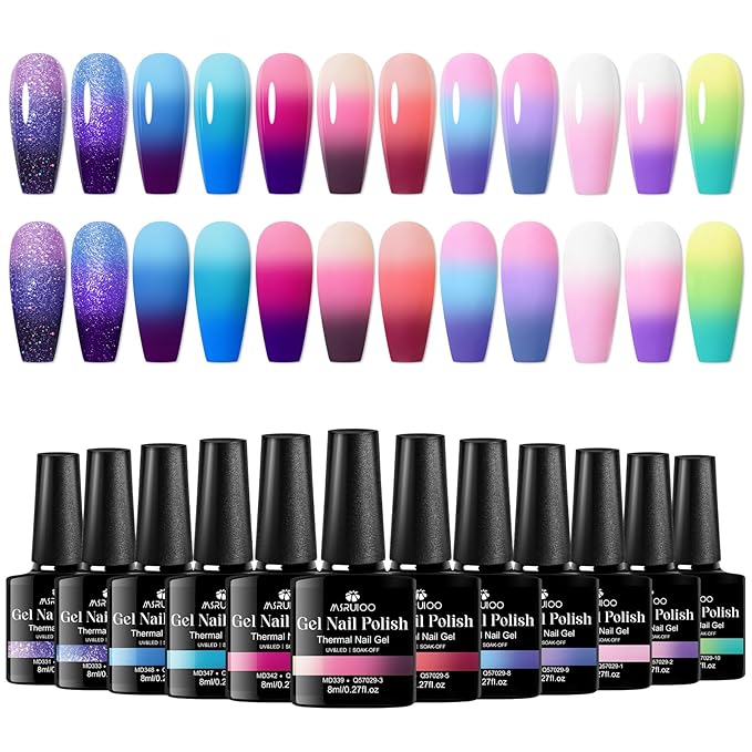 12 Colors Color Changing Gel Nail Polish Set Glitter Blue Purple Temperature Mood Changed Gel Polish Kit Pink Lemon Green Manicure Gifts for Women Girls