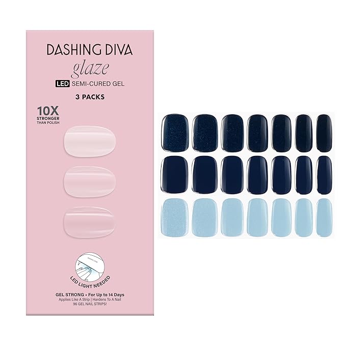Dashing Diva Glaze Nail Strip 3-in-1 Kit - Best of Blues - Long Lasting, Chip Resistant, Semi-Cured Gel Nail Strips - Contains 96 strips, 3 prep pads, 3 manicure sticks, 1 nail file