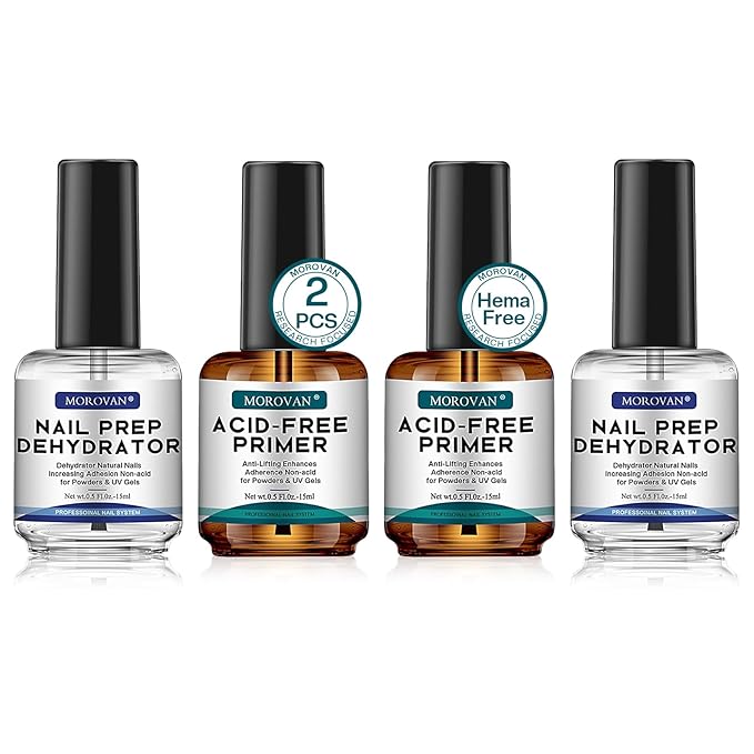 Morovan Nail Prep Dehydrator and Primer, Natural 4 PCS Dehydrator & Acid-Free Bond Primer for Acrylic Powder U V Extension Gel Nail Supplies Set