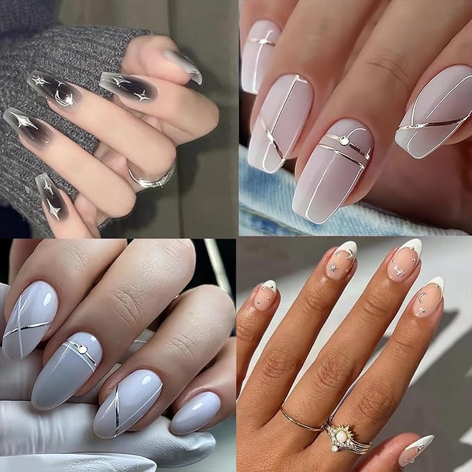 Silver Star Moon Nail Charms Nail Art Kit with 30 Sheets Silver Nail Art Stickers 3D Self-Adhesive SIlver Nail Decals Nail Supplies for Women Acrylic Nail DIY Manicure Kit with tweezer,Pick up Pencil
