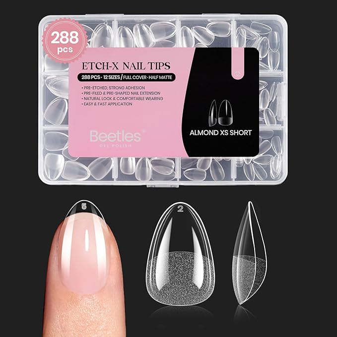 Beetles Gel Nail Tips Almond, Extra Short 288Pcs 12 Sizes Etch-X Full Cover Soft Acrylic False Nail Tips Almond Shape Easy DIY Nail Extension Art Salon Gift for Women