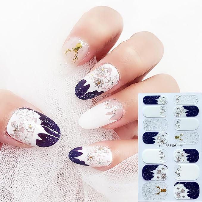 4 Sheets Christmas Nail Wraps Stickers 5D Charms White Snowflake Gel Nail Stickers Strips Self-Adhesive Winter Holiday Full Wraps with Xmas Trees Elk Reindeer Nail Polish for Women Acrylic Nails DIY